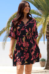 Kyra Mini Dress - Tiered V-Neck Dress with Pull Tie Waist in Valerie Print