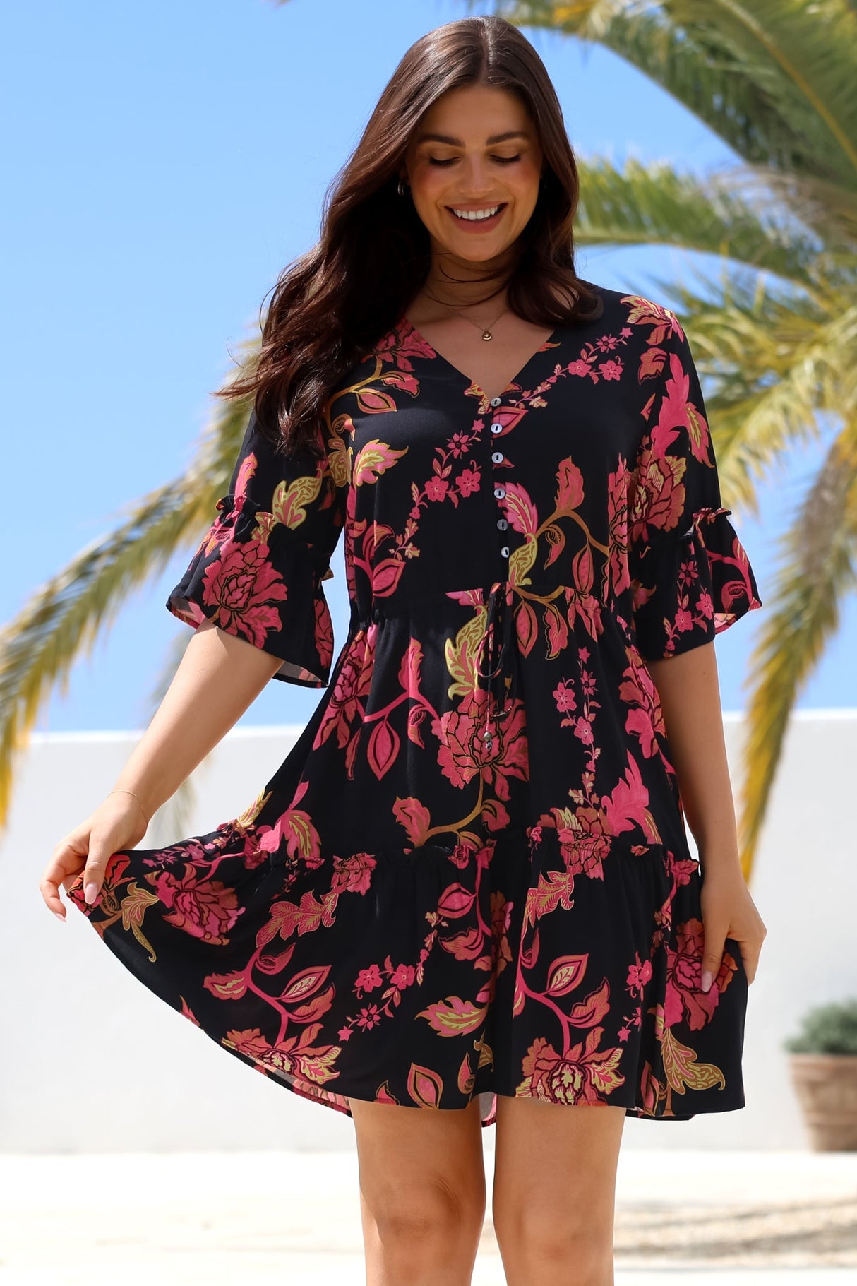 Kyra Mini Dress - Tiered V-Neck Dress with Pull Tie Waist in Valerie Print