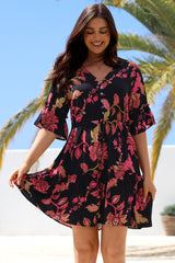 Kyra Mini Dress - Tiered V-Neck Dress with Pull Tie Waist in Valerie Print