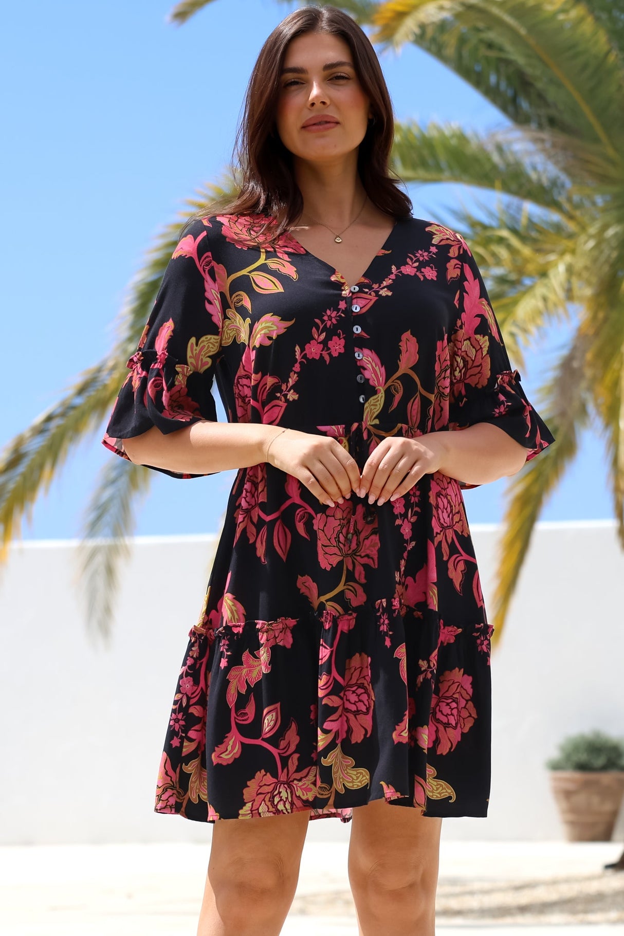 Kyra Mini Dress - Tiered V-Neck Dress with Pull Tie Waist in Valerie Print