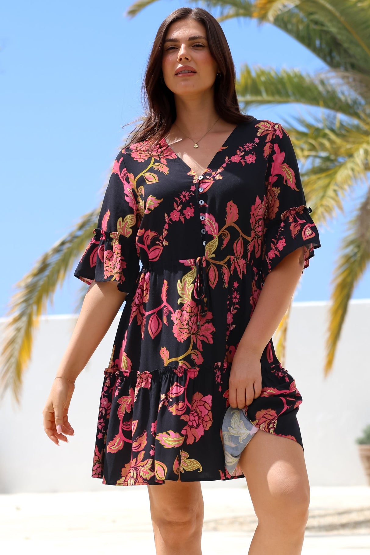 Kyra Mini Dress - Tiered V-Neck Dress with Pull Tie Waist in Valerie Print