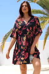 Kyra Mini Dress - Tiered V-Neck Dress with Pull Tie Waist in Valerie Print