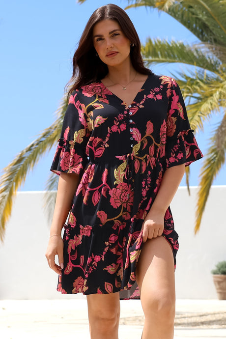 Kyra Mini Dress - Tiered V-Neck Dress with Pull Tie Waist in Valerie Print
