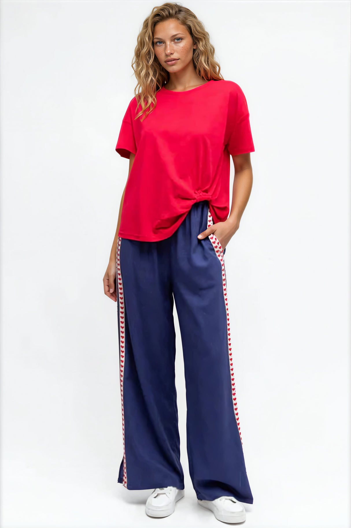Geo Pants - Elasticated High Waist Pants with Contrast Heart Sports Stripes in Blue