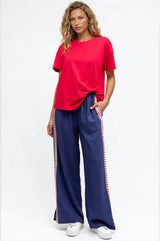 Geo Pants - Elasticated High Waist Pants with Contrast Heart Sports Stripes in Blue