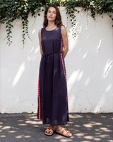 Amali Maxi Dress - Scoop Neck Shift Dress with Waist Tie and Playful Contrast Stripes in Navy