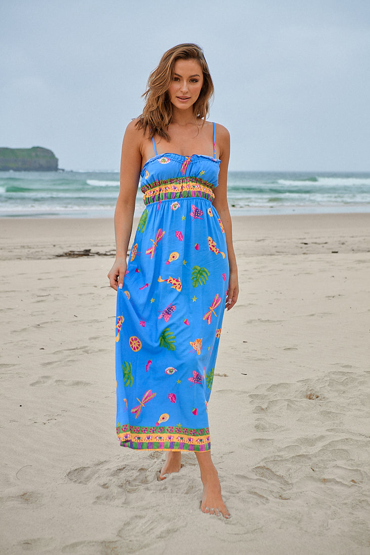 JAASE - Cleo Maxi Dress: Rouched Bodice Frill Neckline Elasticated Waist Sun Dress in Mati Print