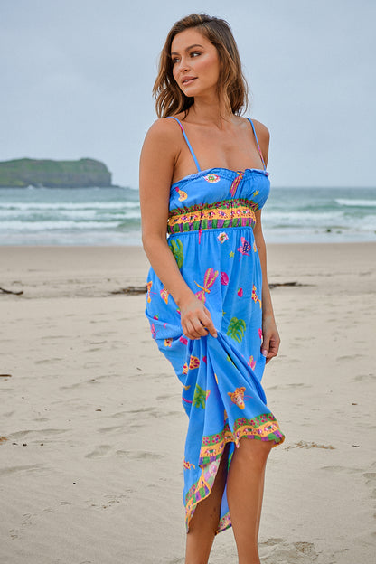 JAASE - Cleo Maxi Dress: Rouched Bodice Frill Neckline Elasticated Waist Sun Dress in Mati Print