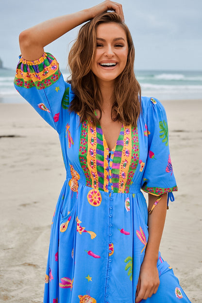 JAASE - Molli Maxi Dress: Button Down A-Line Dress with Tied Sleeves in Mati Print