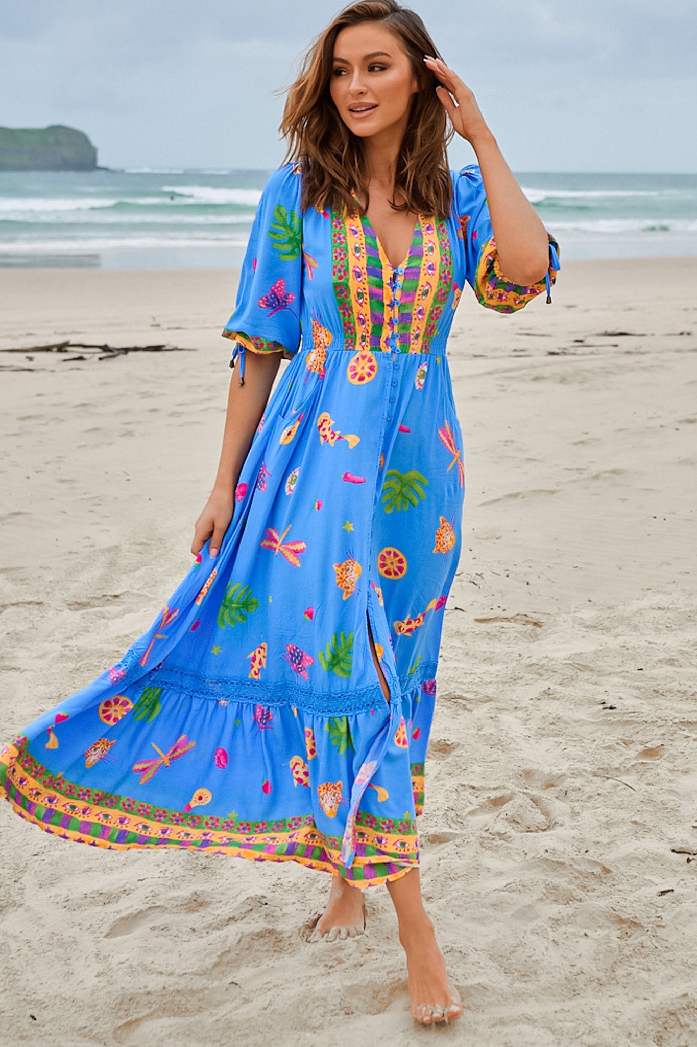 JAASE - Molli Maxi Dress: Button Down A-Line Dress with Tied Sleeves in Mati Print