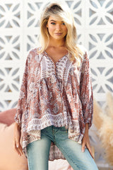JAASE - Chloe Top: Very Oversized Crochet Trim Neckline Smock Top in Indah Print