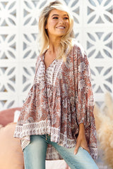 JAASE - Chloe Top: Very Oversized Crochet Trim Neckline Smock Top in Indah Print