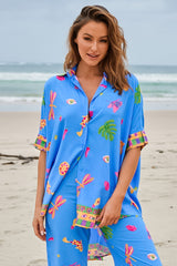 JAASE - River Shirt: Oversized Button Down Shirt with Scoop High-Low Hem in Mati Print