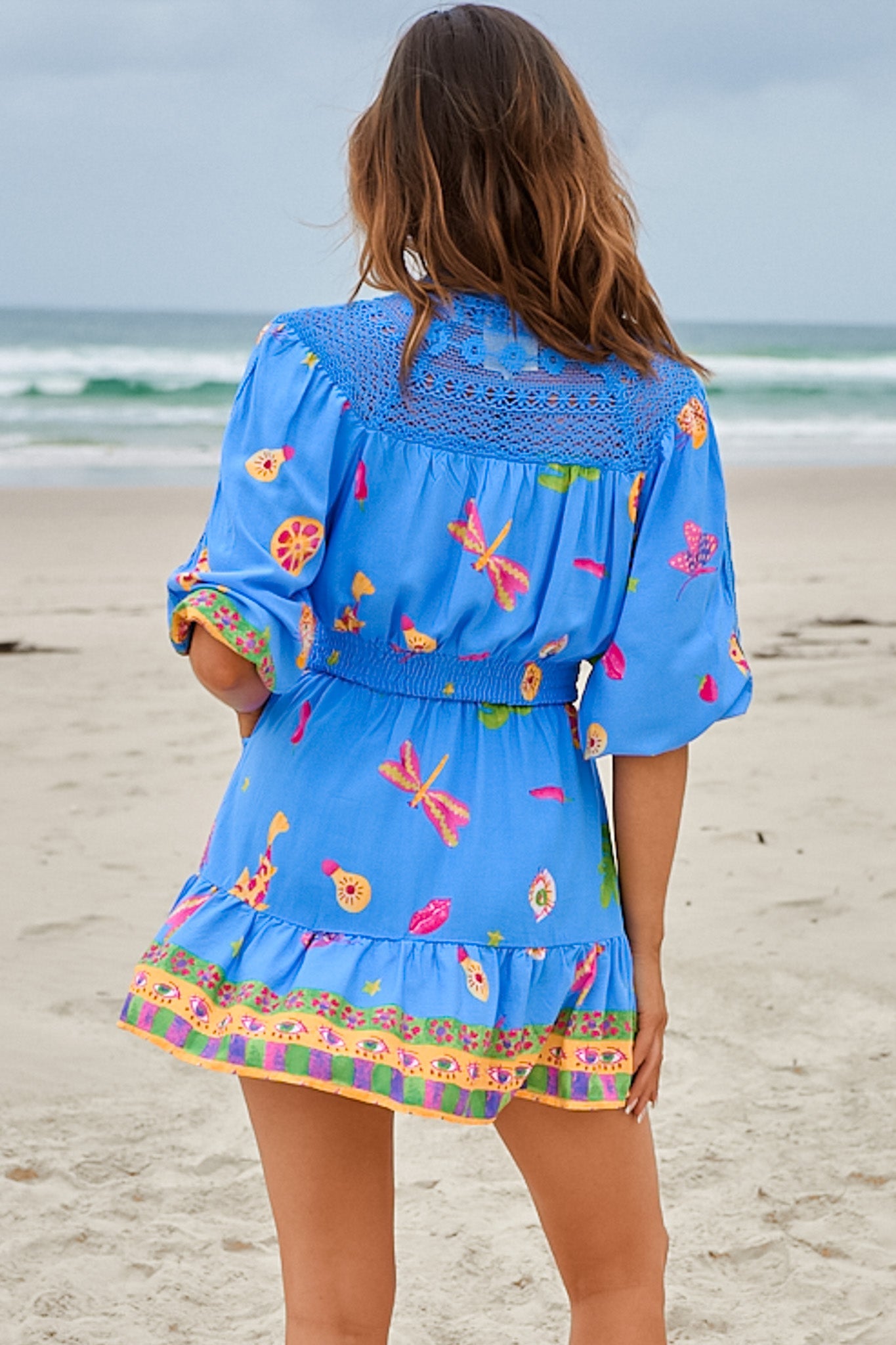 JAASE - Olivia Mini Dress: Lace Shoulder Detailed A Line Dress in Mati Print