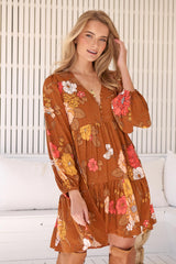 JAASE - Tracey Mini Dress: Long Ballon Sleeve Dress with Waist Tie in Natalia Print