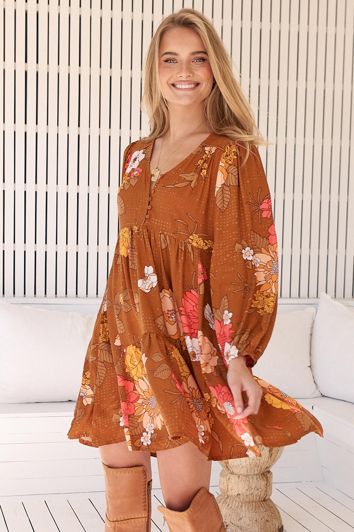 JAASE - Tracey Mini Dress: Long Ballon Sleeve Dress with Waist Tie in Natalia Print