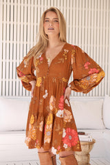 JAASE - Tracey Mini Dress: Long Ballon Sleeve Dress with Waist Tie in Natalia Print