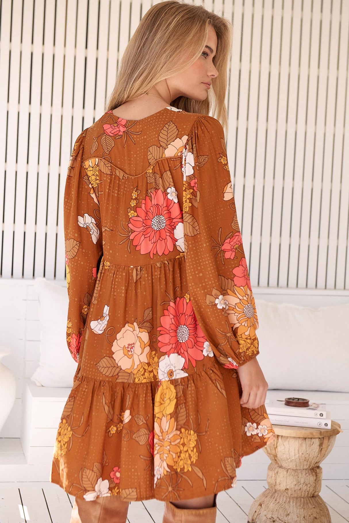 JAASE - Tracey Mini Dress: Long Ballon Sleeve Dress with Waist Tie in Natalia Print