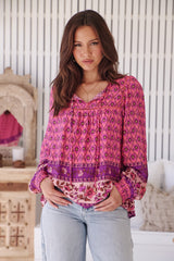 JAASE - Quinn Blouse: V Neck Smock Top with Crochet Insert Detailing in Jolene Print