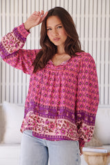 JAASE - Quinn Blouse: V Neck Smock Top with Crochet Insert Detailing in Jolene Print