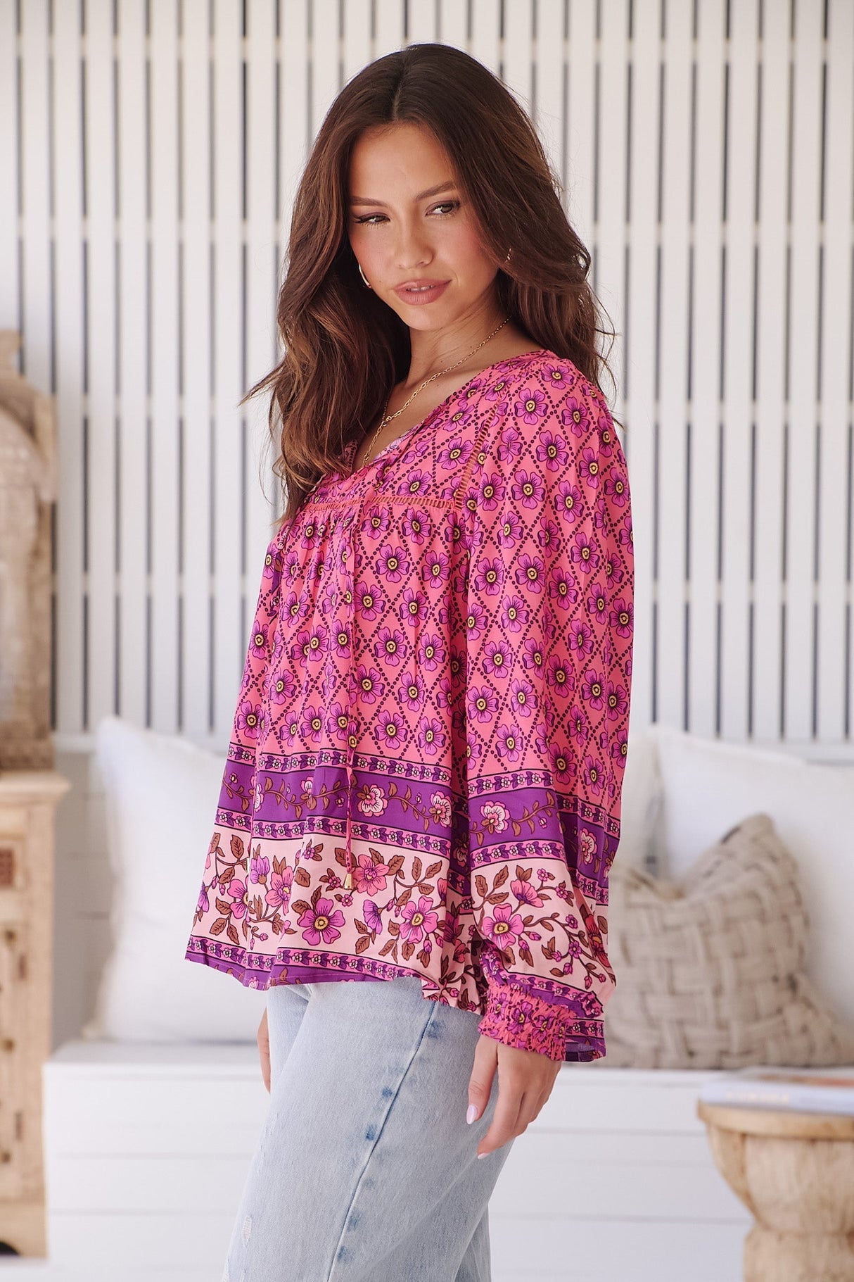 JAASE - Quinn Blouse: V Neck Smock Top with Crochet Insert Detailing in Jolene Print