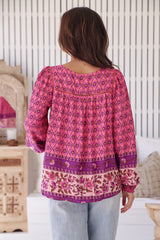 JAASE - Quinn Blouse: V Neck Smock Top with Crochet Insert Detailing in Jolene Print