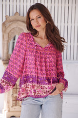 JAASE - Quinn Blouse: V Neck Smock Top with Crochet Insert Detailing in Jolene Print