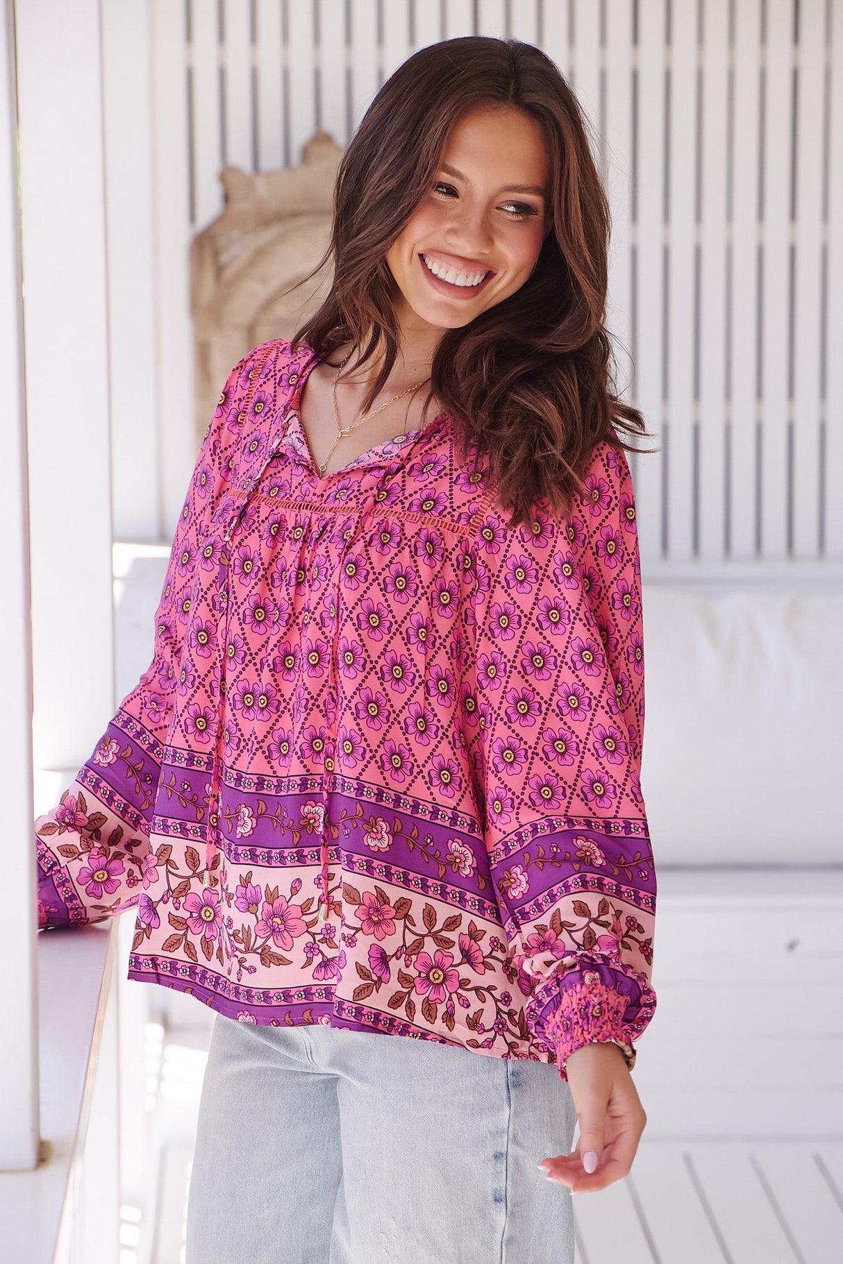 JAASE - Quinn Blouse: V Neck Smock Top with Crochet Insert Detailing in Jolene Print