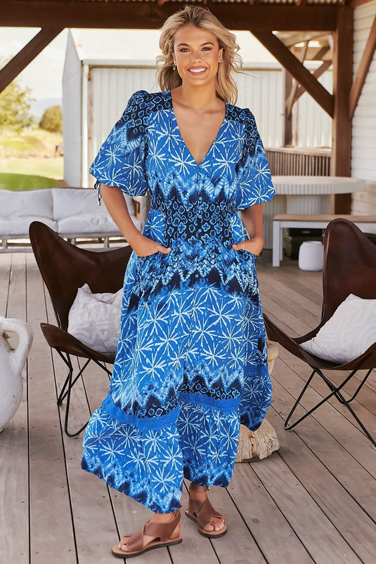 JAASE - Molli Maxi Dress: Button Down A-Line Dress with Tied Sleeves in Tranquil Tides Print