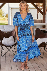 JAASE - Molli Maxi Dress: Button Down A-Line Dress with Tied Sleeves in Tranquil Tides Print