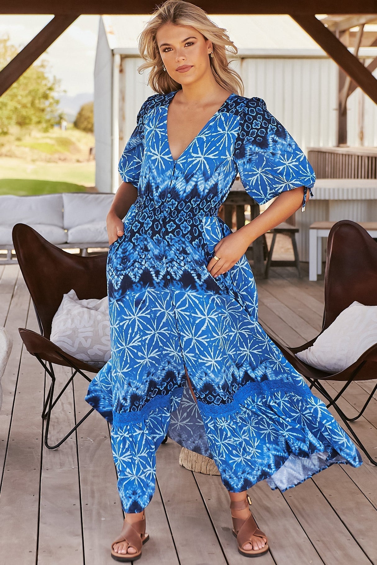 JAASE - Molli Maxi Dress: Button Down A-Line Dress with Tied Sleeves in Tranquil Tides Print