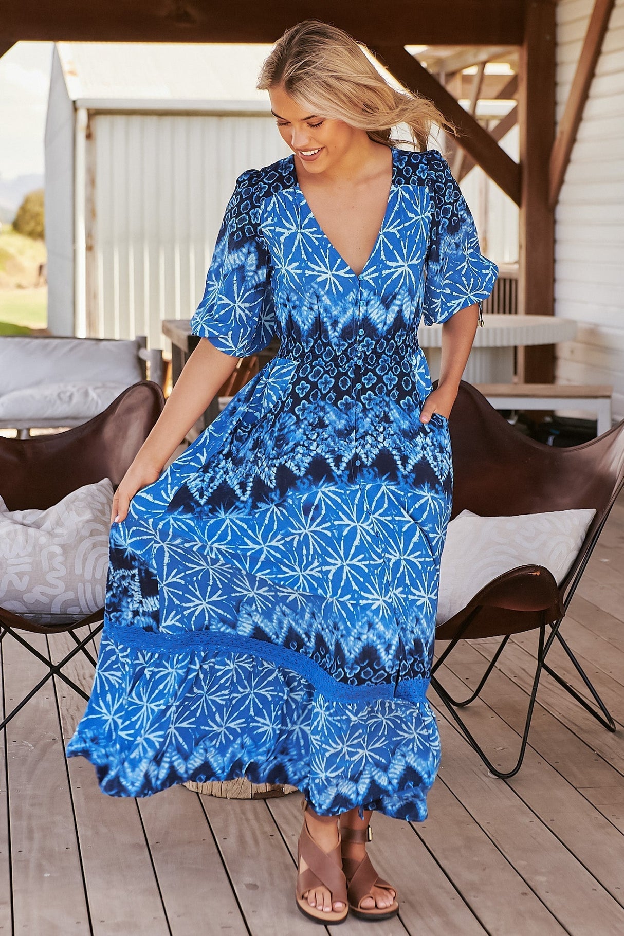 JAASE - Molli Maxi Dress: Button Down A-Line Dress with Tied Sleeves in Tranquil Tides Print