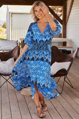 JAASE - Molli Maxi Dress: Button Down A-Line Dress with Tied Sleeves in Tranquil Tides Print