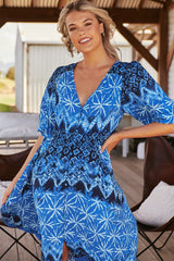 JAASE - Molli Maxi Dress: Button Down A-Line Dress with Tied Sleeves in Tranquil Tides Print