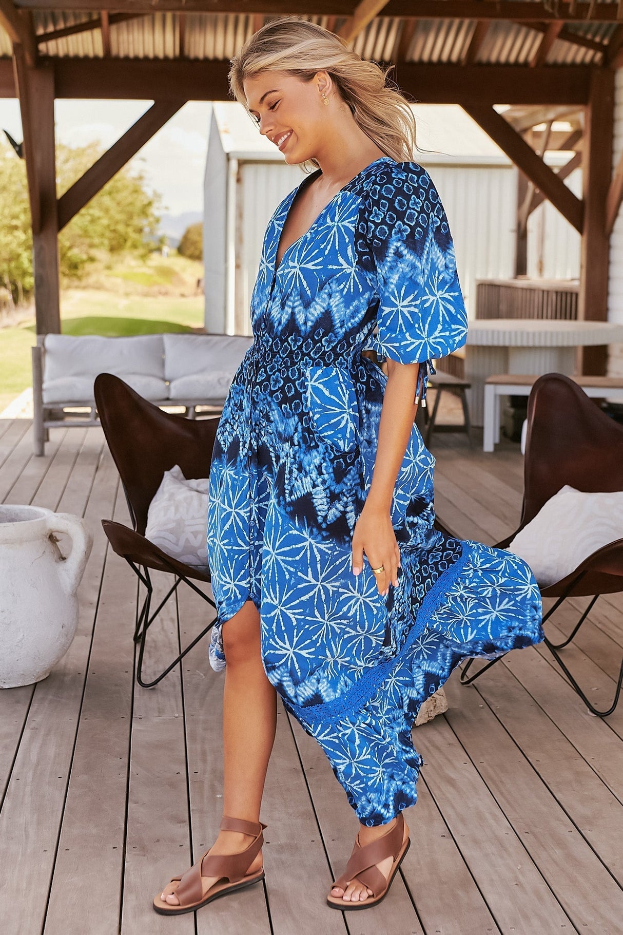 JAASE - Molli Maxi Dress: Button Down A-Line Dress with Tied Sleeves in Tranquil Tides Print