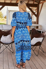 JAASE - Molli Maxi Dress: Button Down A-Line Dress with Tied Sleeves in Tranquil Tides Print