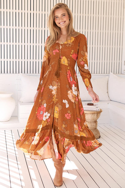 JAASE - Sabrina Maxi Dress: A Line Button Through Dress with Long Sleeves in Natalia Print