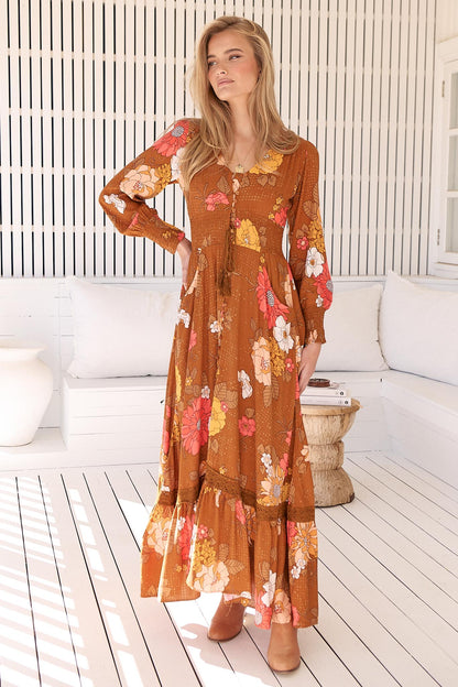 JAASE - Sabrina Maxi Dress: A Line Button Through Dress with Long Sleeves in Natalia Print