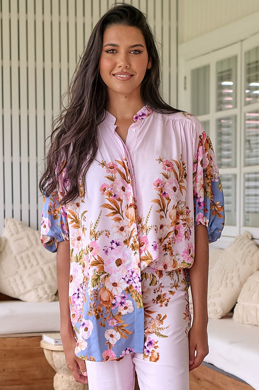 JAASE - Gypsea Blouse: Mandarin Collar Relaxed Button Down Shirt with Balloon Sleeves in French Rose Print