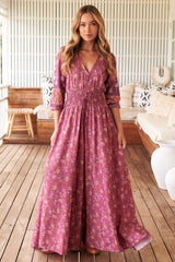 Indiana Maxi Dress - Lace Back Shirred Waist A Line Dress with Handkerchief Hemline in Rose Print