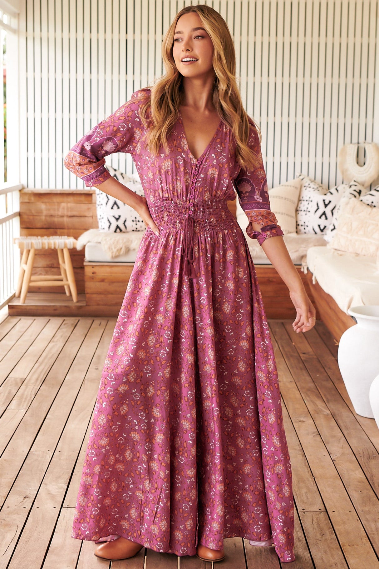 JAASE - Indiana Maxi Dress: Lace Back Shirred Waist A Line Dress with Handkerchief Hemline in Rose Print