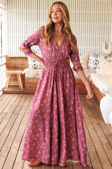 Indiana Maxi Dress - Lace Back Shirred Waist A Line Dress with Handkerchief Hemline in Rose Print