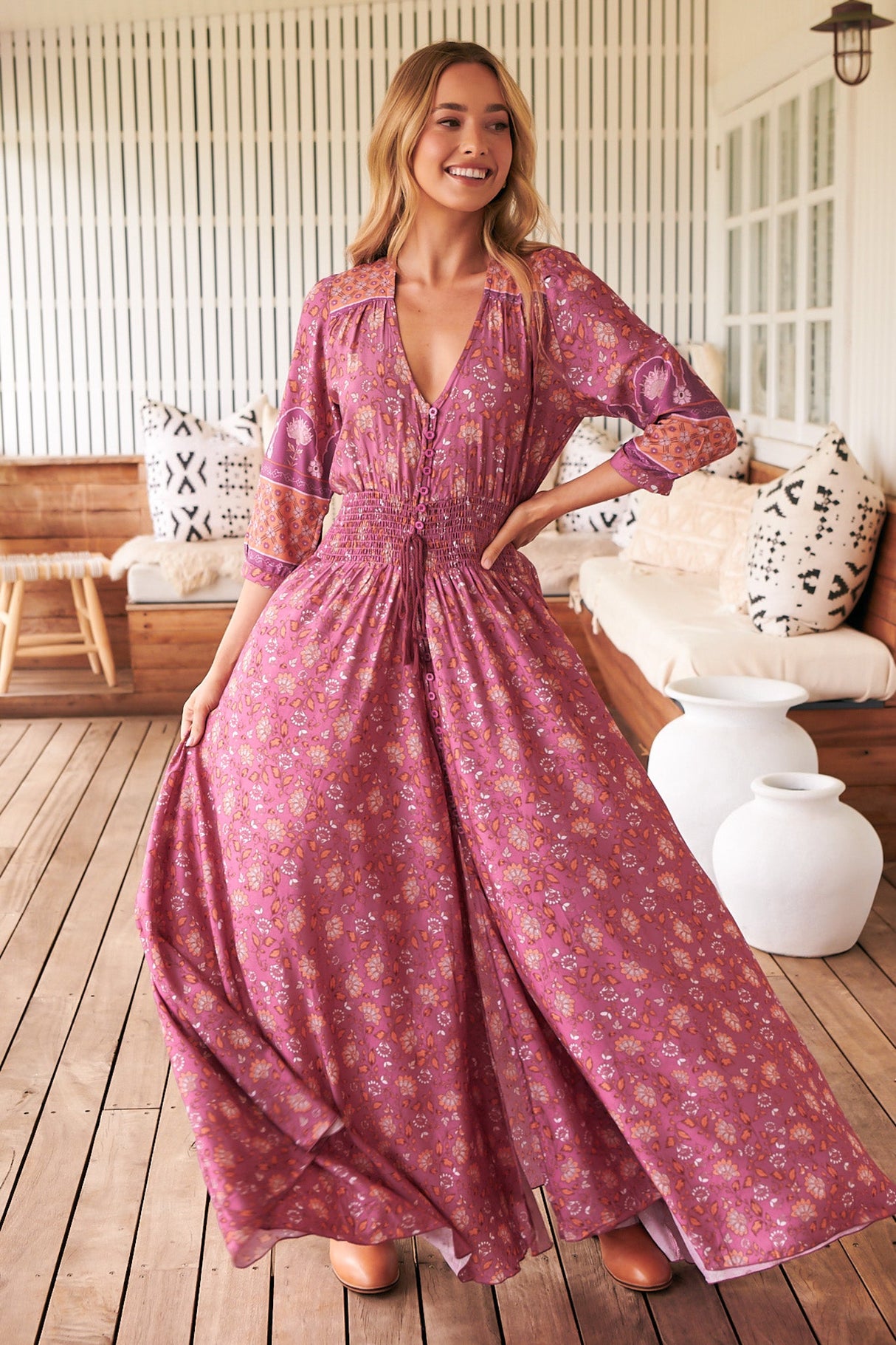 Indiana Maxi Dress - Lace Back Shirred Waist A Line Dress with Handkerchief Hemline in Rose Print