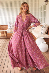 JAASE - Indiana Maxi Dress: Lace Back Shirred Waist A Line Dress with Handkerchief Hemline in Rose Print