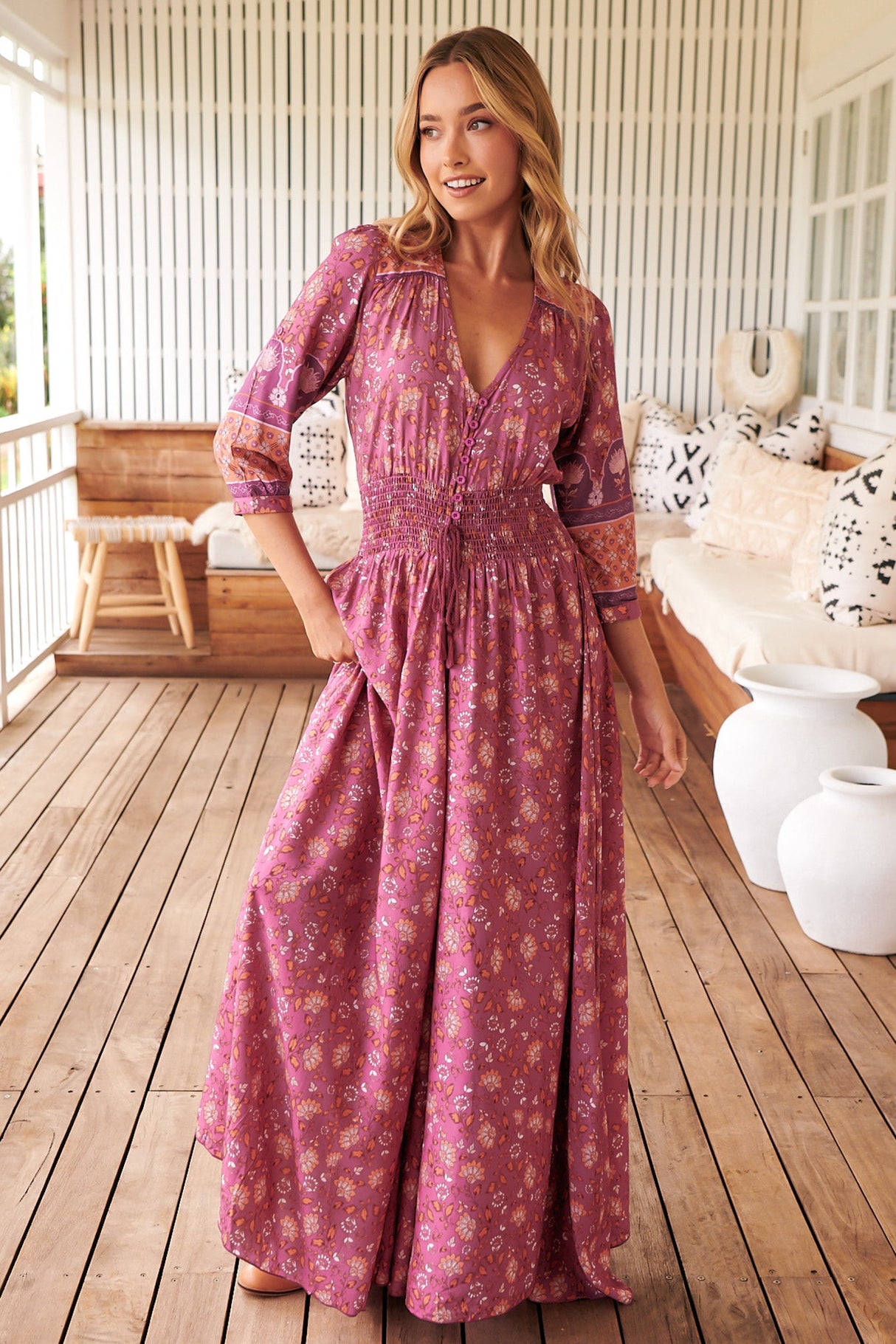 Indiana Maxi Dress - Lace Back Shirred Waist A Line Dress with Handkerchief Hemline in Rose Print