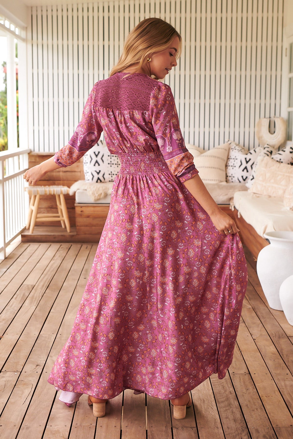 JAASE - Indiana Maxi Dress: Lace Back Shirred Waist A Line Dress with Handkerchief Hemline in Rose Print