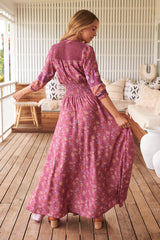 Indiana Maxi Dress - Lace Back Shirred Waist A Line Dress with Handkerchief Hemline in Rose Print