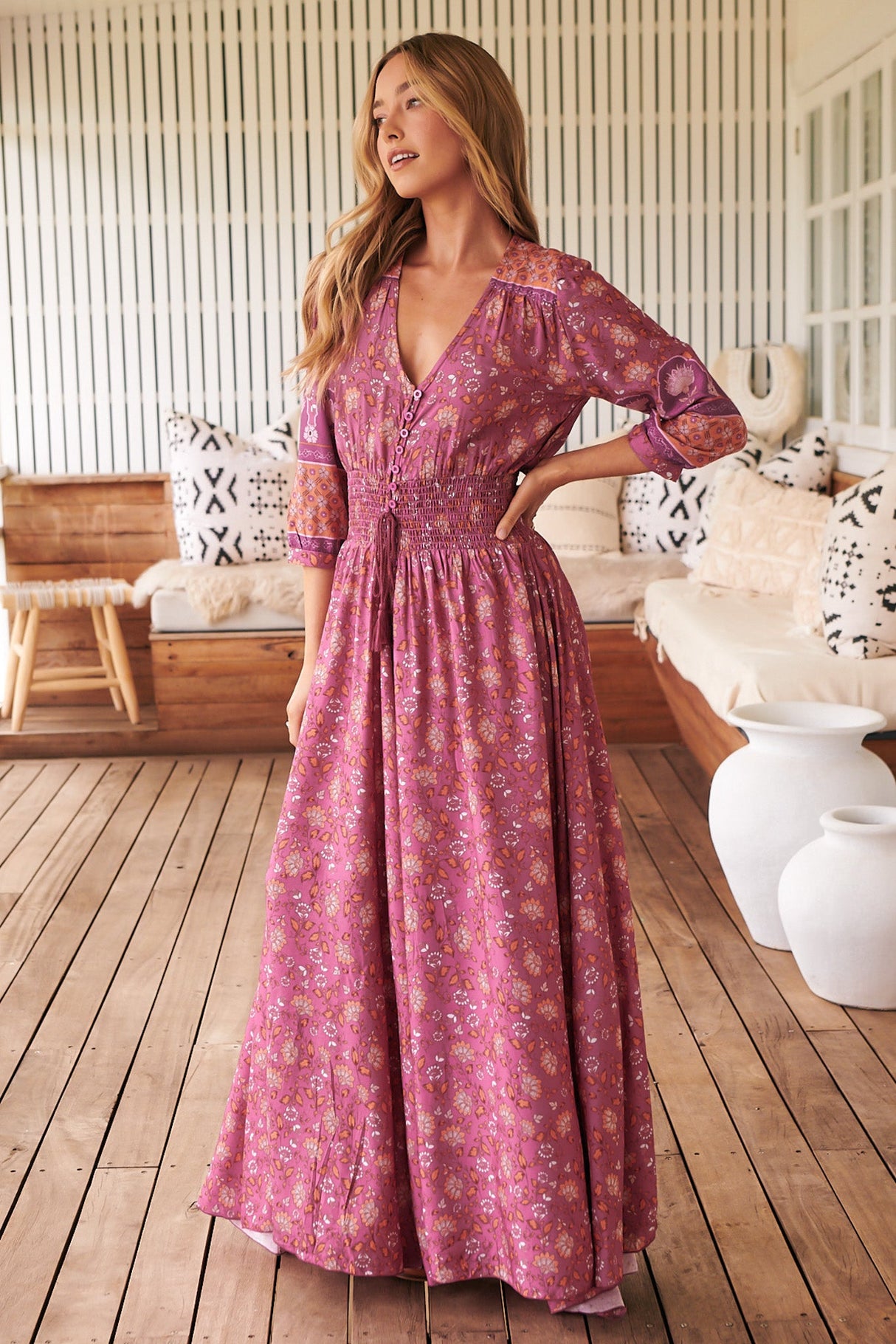 JAASE - Indiana Maxi Dress: Lace Back Shirred Waist A Line Dress with Handkerchief Hemline in Rose Print