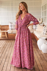 Indiana Maxi Dress - Lace Back Shirred Waist A Line Dress with Handkerchief Hemline in Rose Print