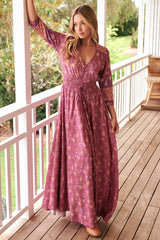 JAASE - Indiana Maxi Dress: Lace Back Shirred Waist A Line Dress with Handkerchief Hemline in Rose Print